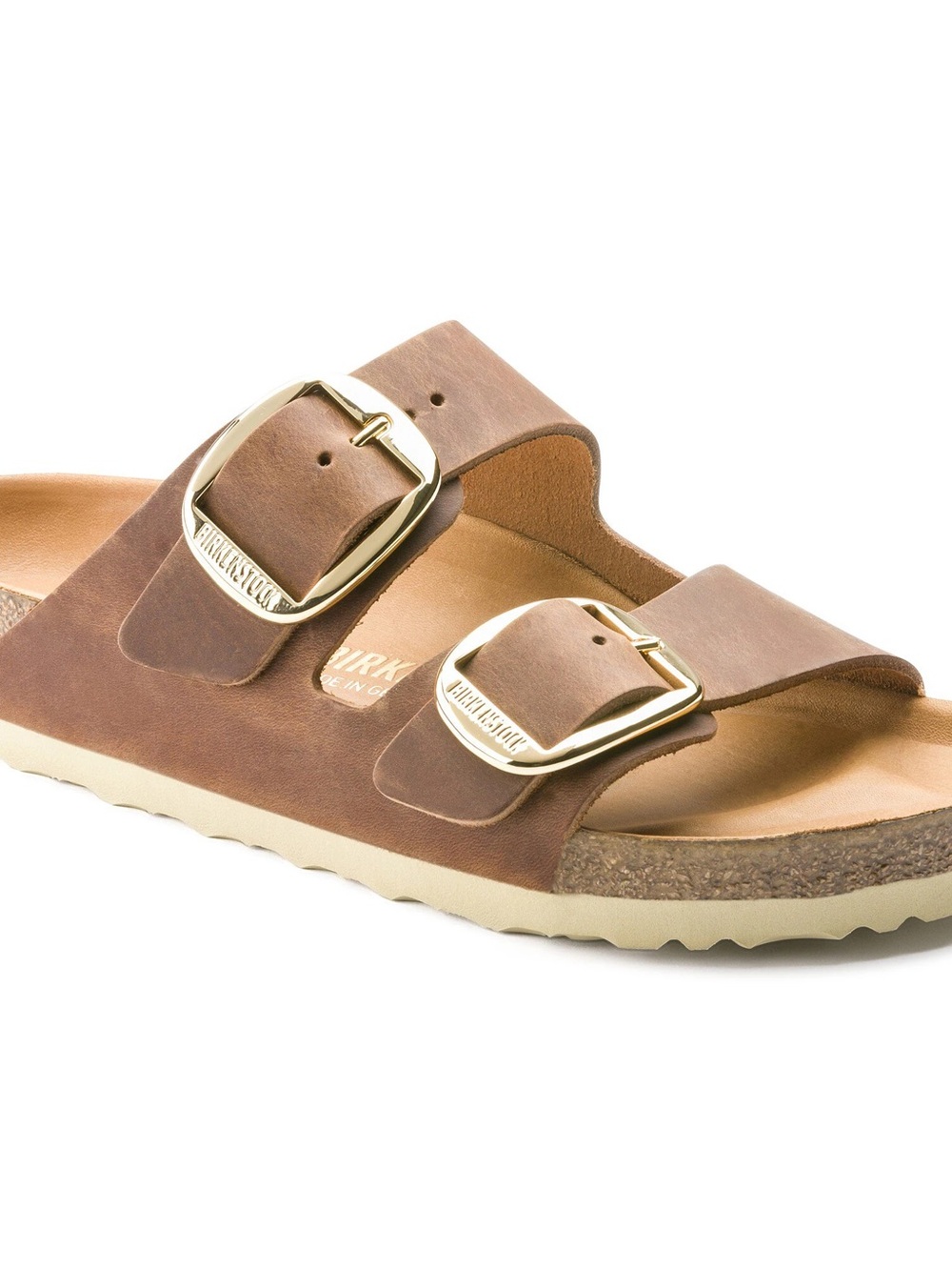 Birkenstock Two-Strap Sandal in Brown with Gold Buckles